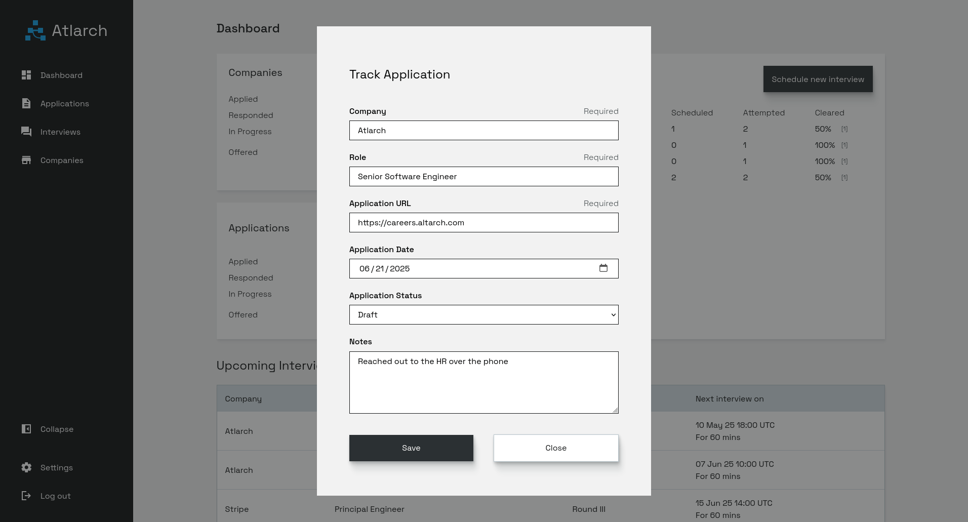 Form to track application details such as company name, job role, application data and notes.